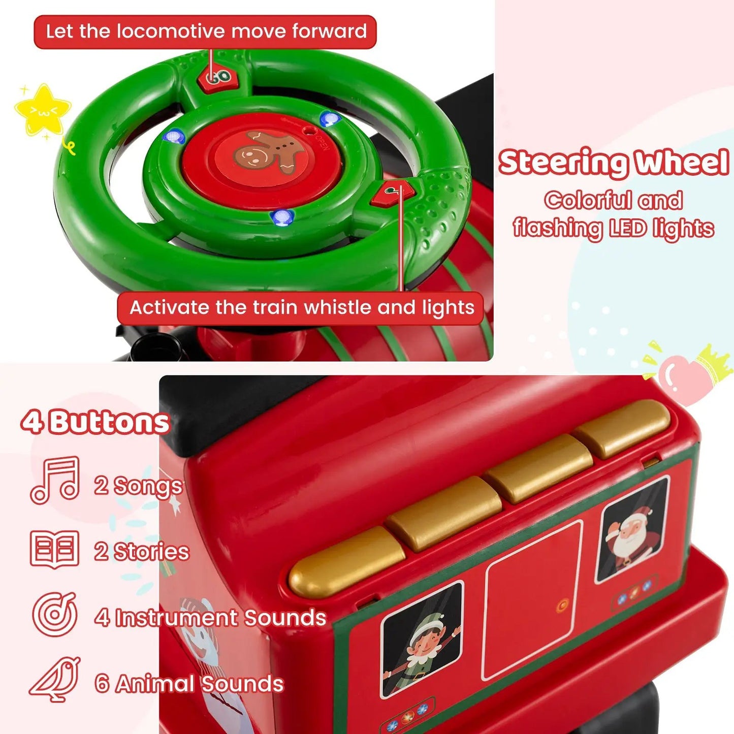 6V ride-on train 2-seater with carriage and LEDs, green steering wheel, red body DirectDeals on Tampa Home & Garden Store