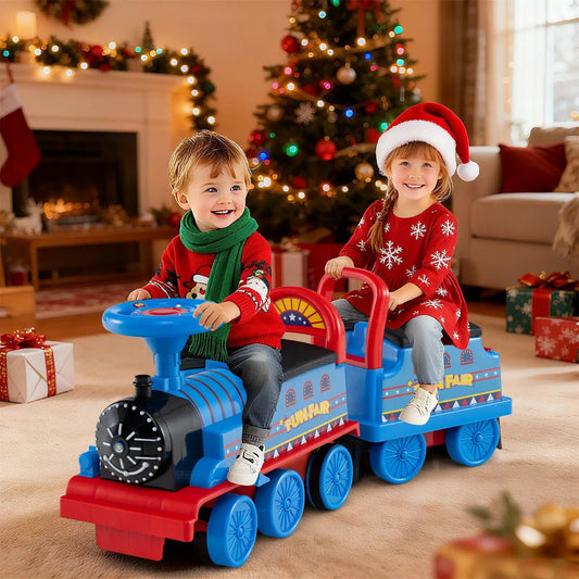 6V ride-on train 2-seater blue plastic carriage with LEDs, two kids riding indoors on Tampa Home & Garden Store