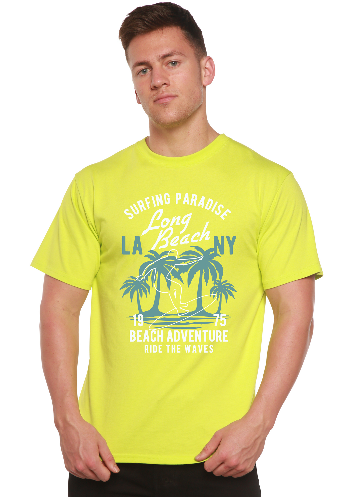 Beach Adventure men's neon yellow bamboo viscose/organic cotton palm graphic T-shirt Spun Bamboo on Tampa Home & Garden Store
