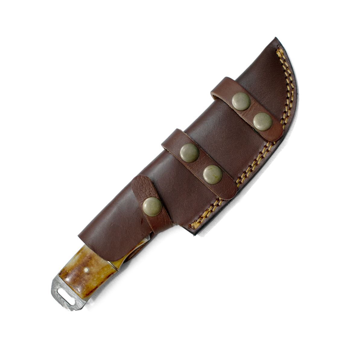 Damascus Custom Tracker Limited Run knife with brown leather sheath and brass rivets on Tampa Home & Garden Store