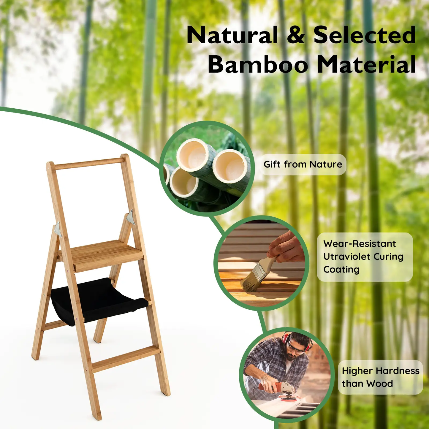 3 Step Foldable Bamboo Ladder Stool with Tool Bag, natural bamboo, DirectDeals Step Ladders on Tampa Home & Garden Store