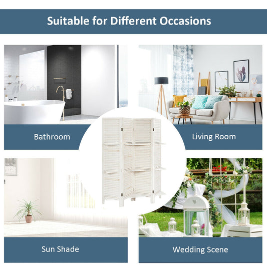 4 Panel Folding Room Divider Screen with 3 Display Shelves-White - Tampa Home & Garden Store