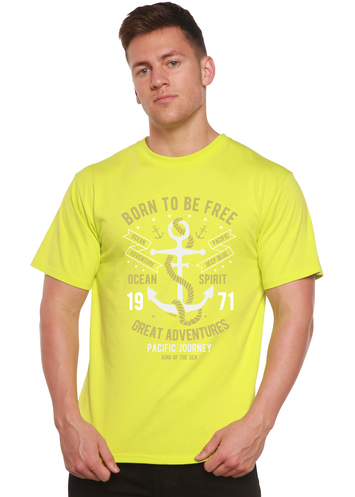 Born To Be Free men's bamboo viscose/organic cotton tee in neon yellow with anchor print on Tampa Home & Garden Store