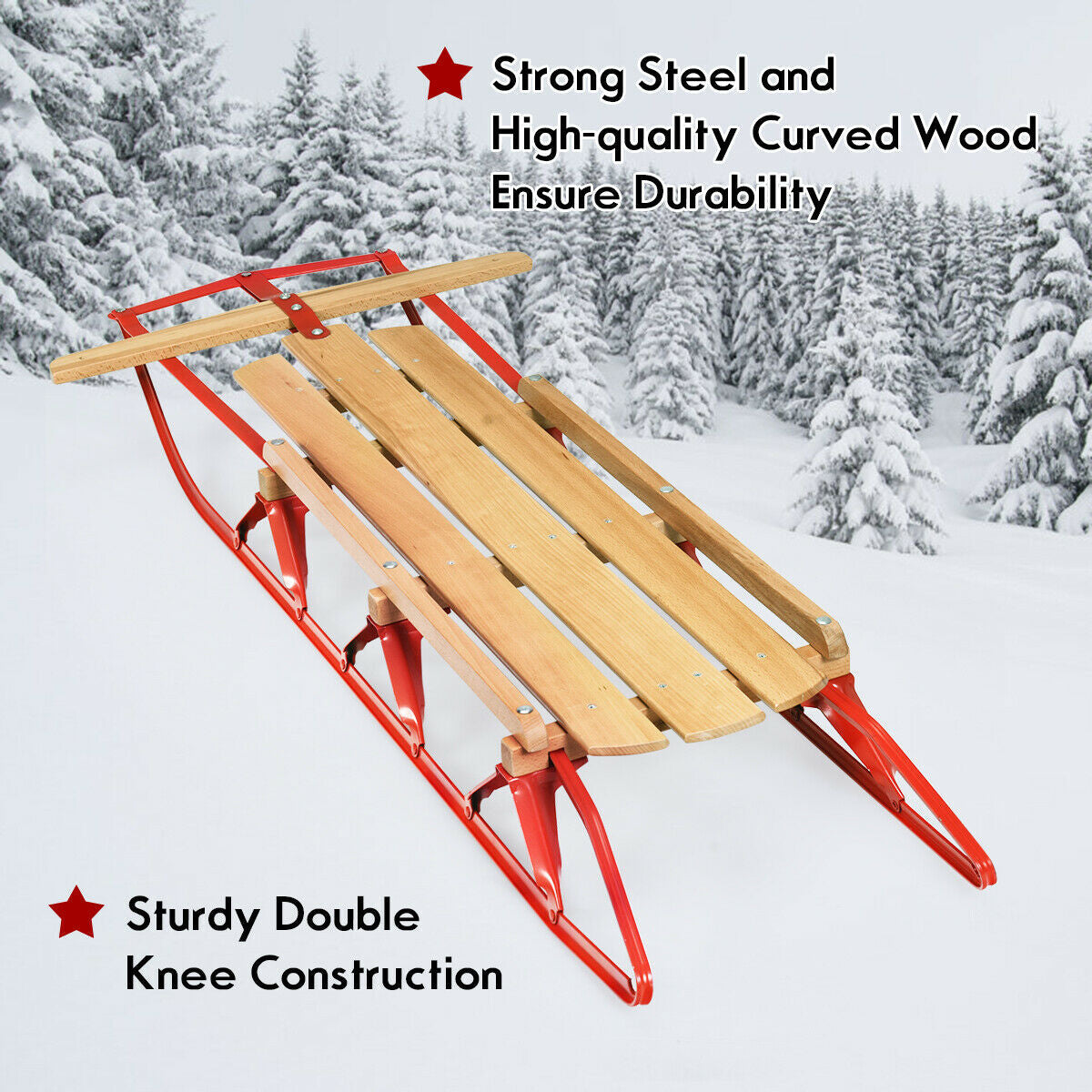 54 Inch Wood Snow Sled with red metal runners and steering bar, natural wood slats DirectDeals Snow Racers on Tampa Home & Garden Store