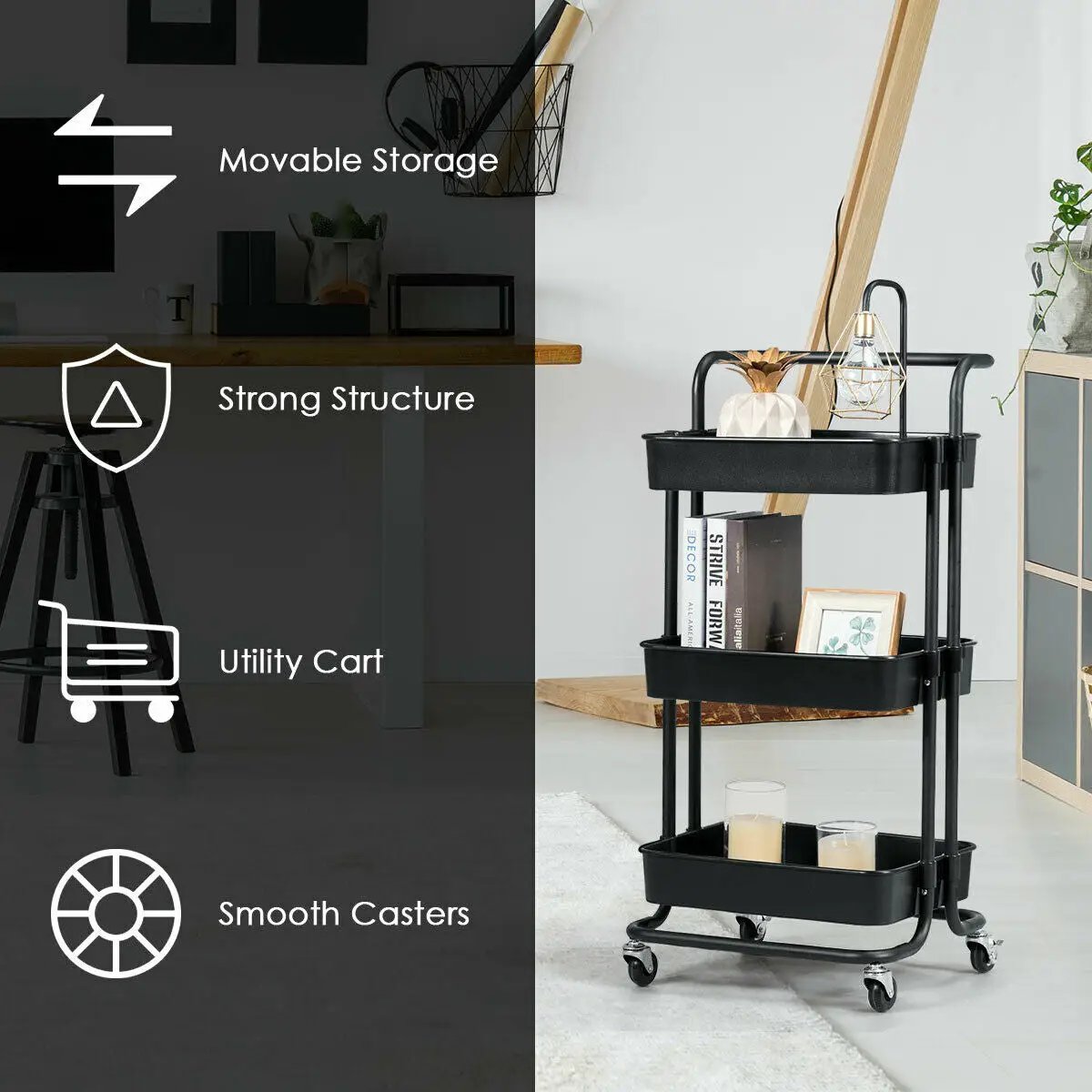 3-Tier Utility Cart in black metal with smooth casters on Tampa Home & Garden Store