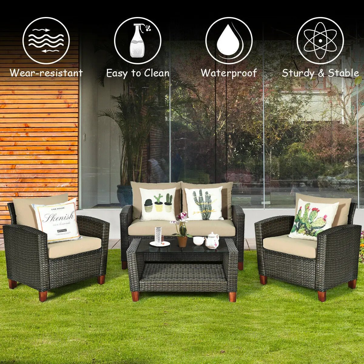 4 piece patio rattan furniture set with cushions: 2 chairs, loveseat, coffee table, dark wicker on Tampa Home & Garden Store