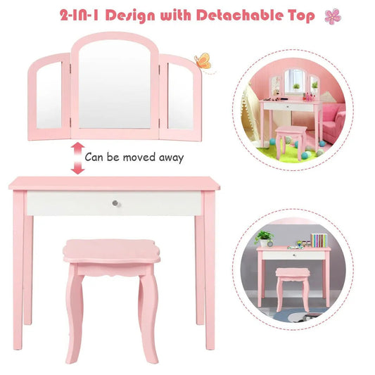Kids Princess Dressing Table with Tri Fold Mirror pink vanity with white drawer and stool on Tampa Home & Garden Store