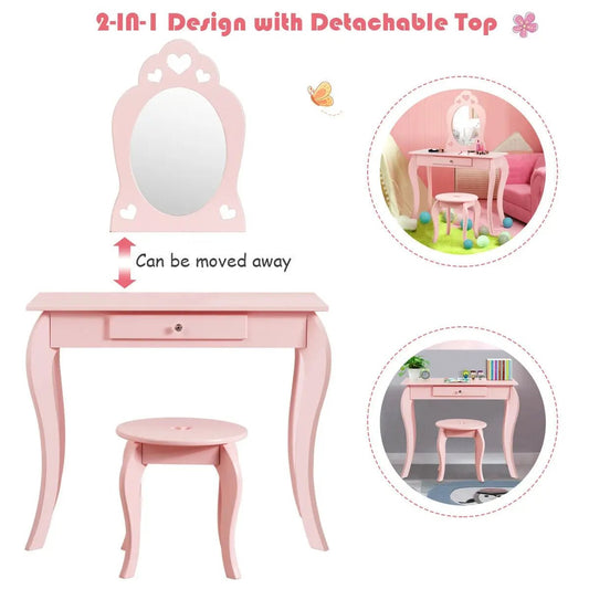 Kids princess makeup dressing table with pink mirror, drawer and curved legs, includes stool DirectDeals on Tampa Home & Garden Store
