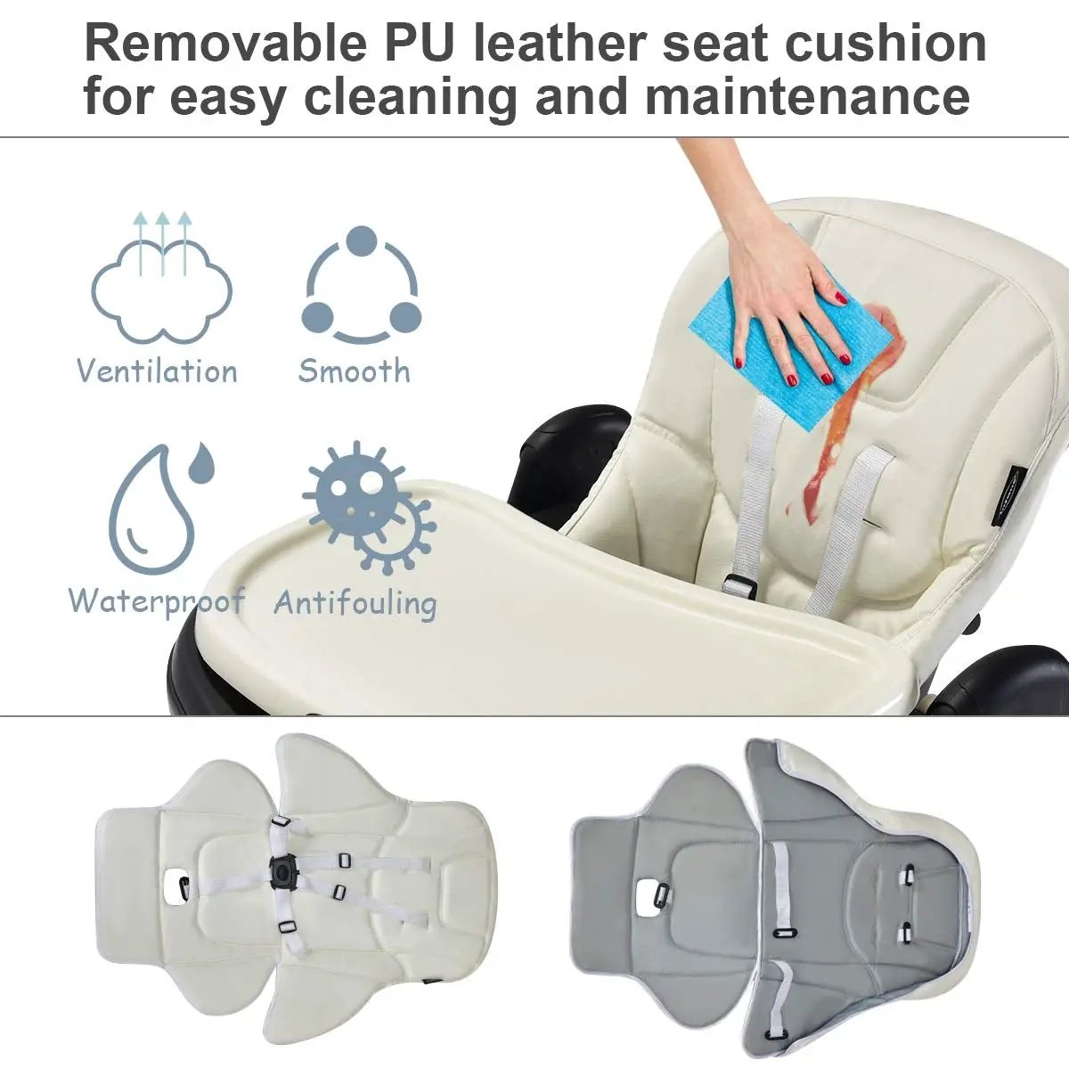 Foldable High Chair with Adjustable Backrest white PU leather seat waterproof antifouling on Tampa Home & Garden Store