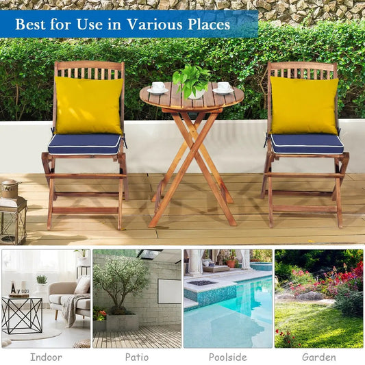 3-piece patio folding bistro set with navy cushions and round wooden table DirectDeals on Tampa Home & Garden Store