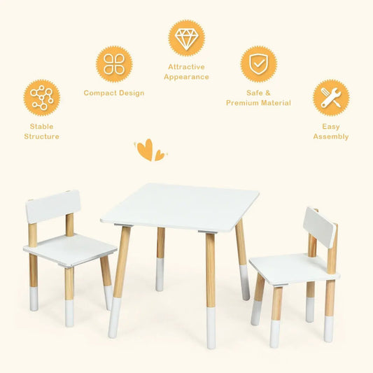 Kids wooden table and 2 white chairs set with natural wood legs on Tampa Home & Garden Store