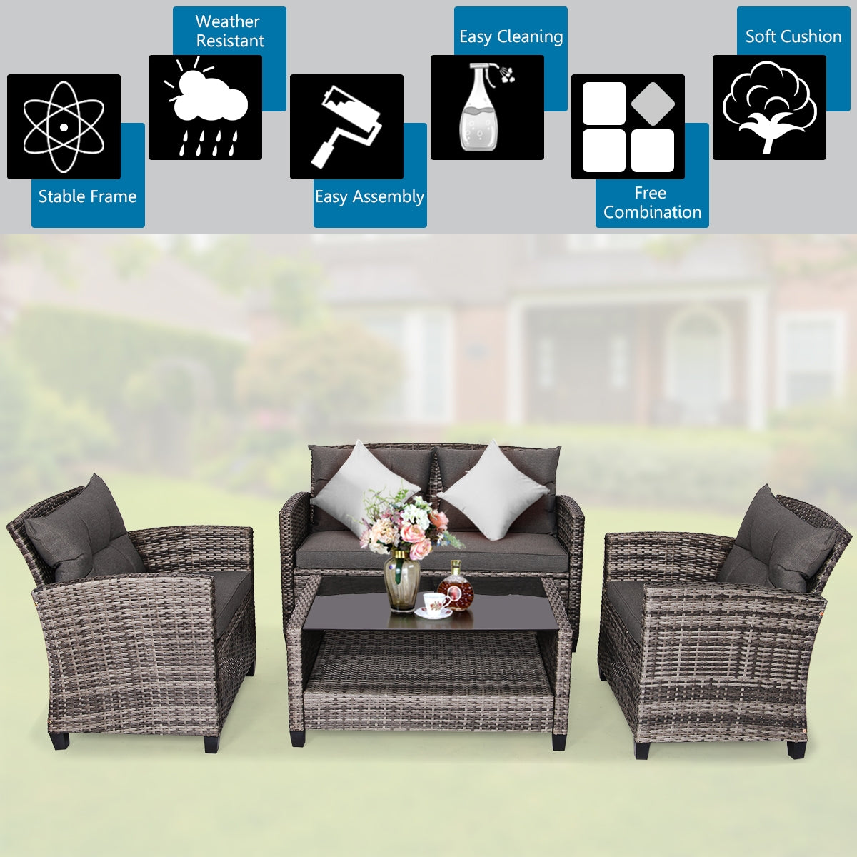 DirectDeals 4-piece patio rattan set with gray cushions including sofa, 2 chairs & coffee table on Tampa Home & Garden Store