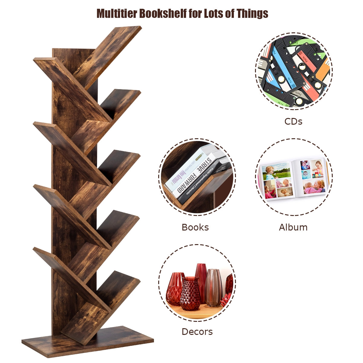 8-tier free-standing tree bookshelf in coffee finish; wood rack for books, CDs and decors on Tampa Home & Garden Store