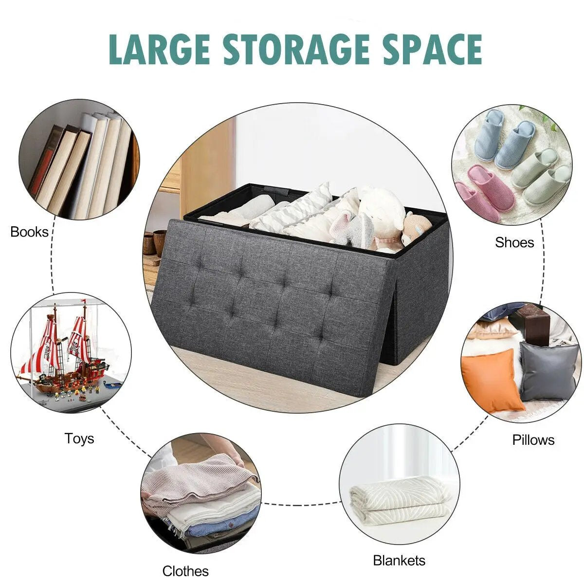 Gray fabric storage ottoman, 31.5 inches, tufted lid with removable bin for clothes and toys on Tampa Home & Garden Store