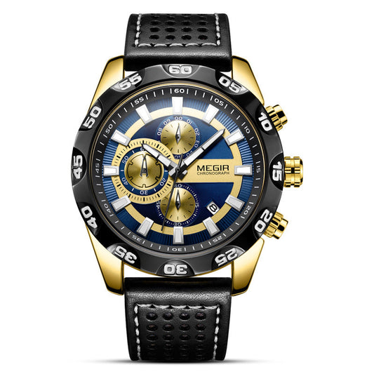 Megir chronograph men's luxury watch with blue dial, gold case, black perforated leather strap on Tampa Home & Garden Store