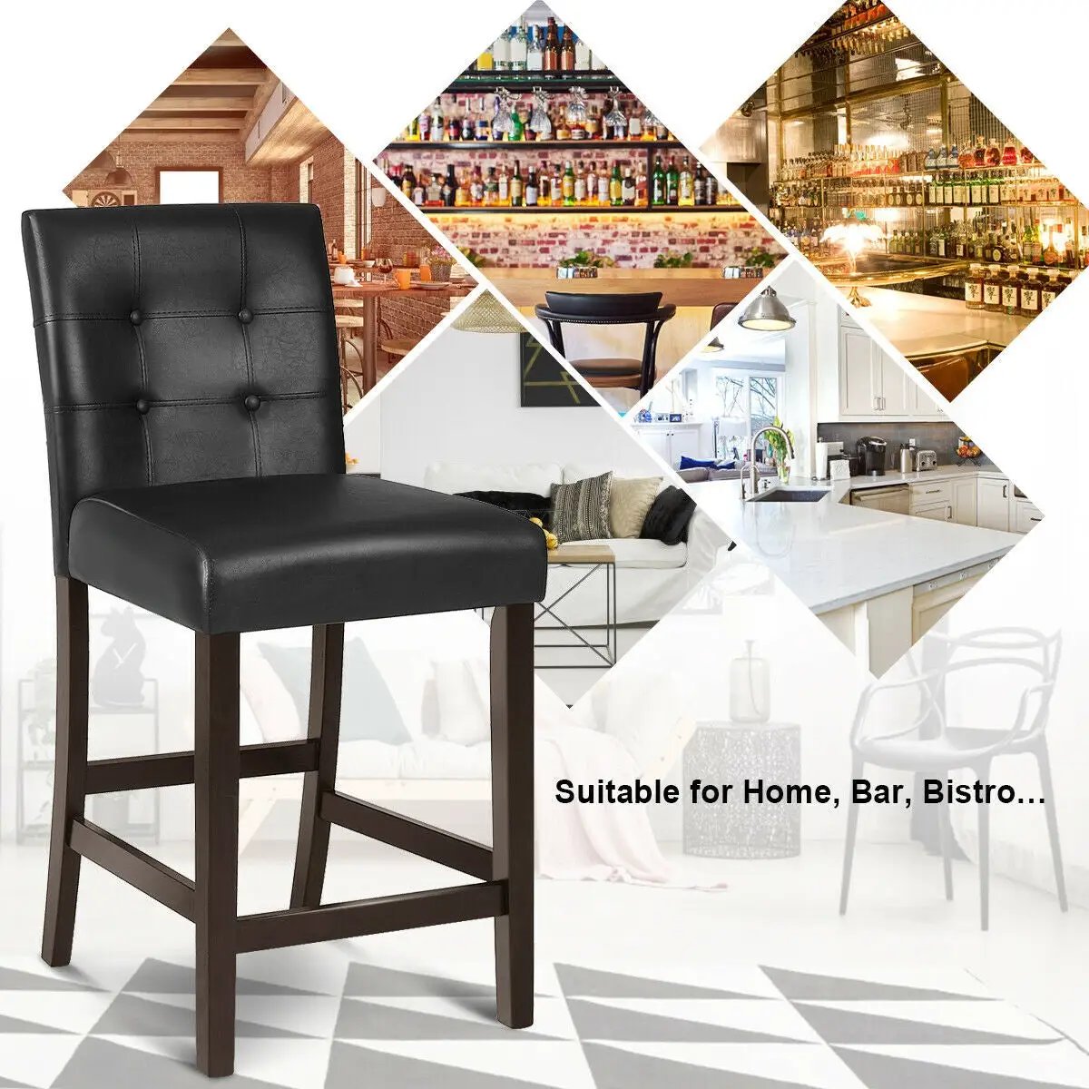 Set of 2 PVC Leather Bar Stools with Solid Wood Legs - Tampa Home & Garden Store