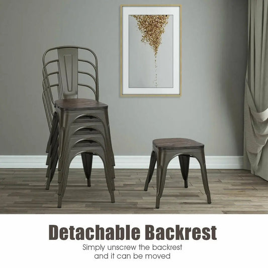 Tolix style metal dining chairs with wood seats, 4-piece gray stackable set on Tampa Home & Garden Store
