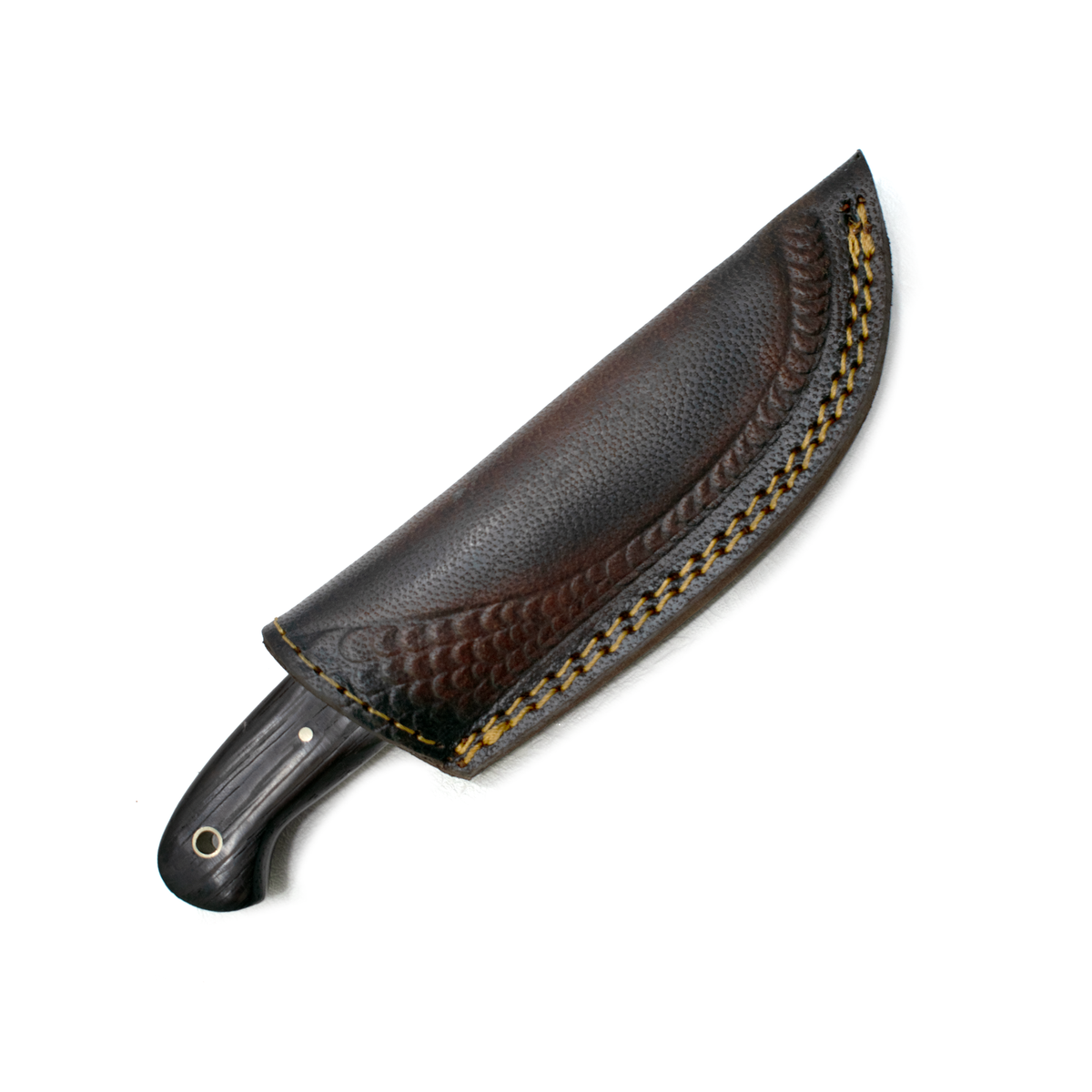 Damascus Steel Custom EDC Knife TK-019 in brown leather sheath with yellow stitching on Tampa Home & Garden Store