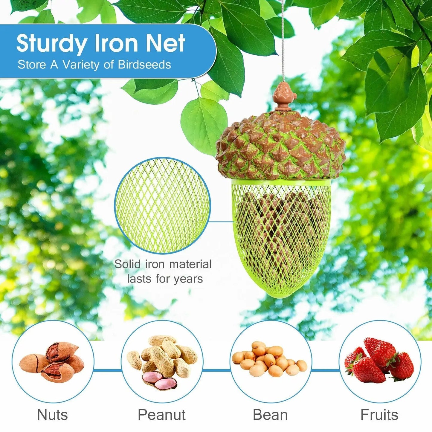 Metal acorn bird feeder with brown cap and lime-green mesh body hanging from a branch on Tampa Home & Garden Store
