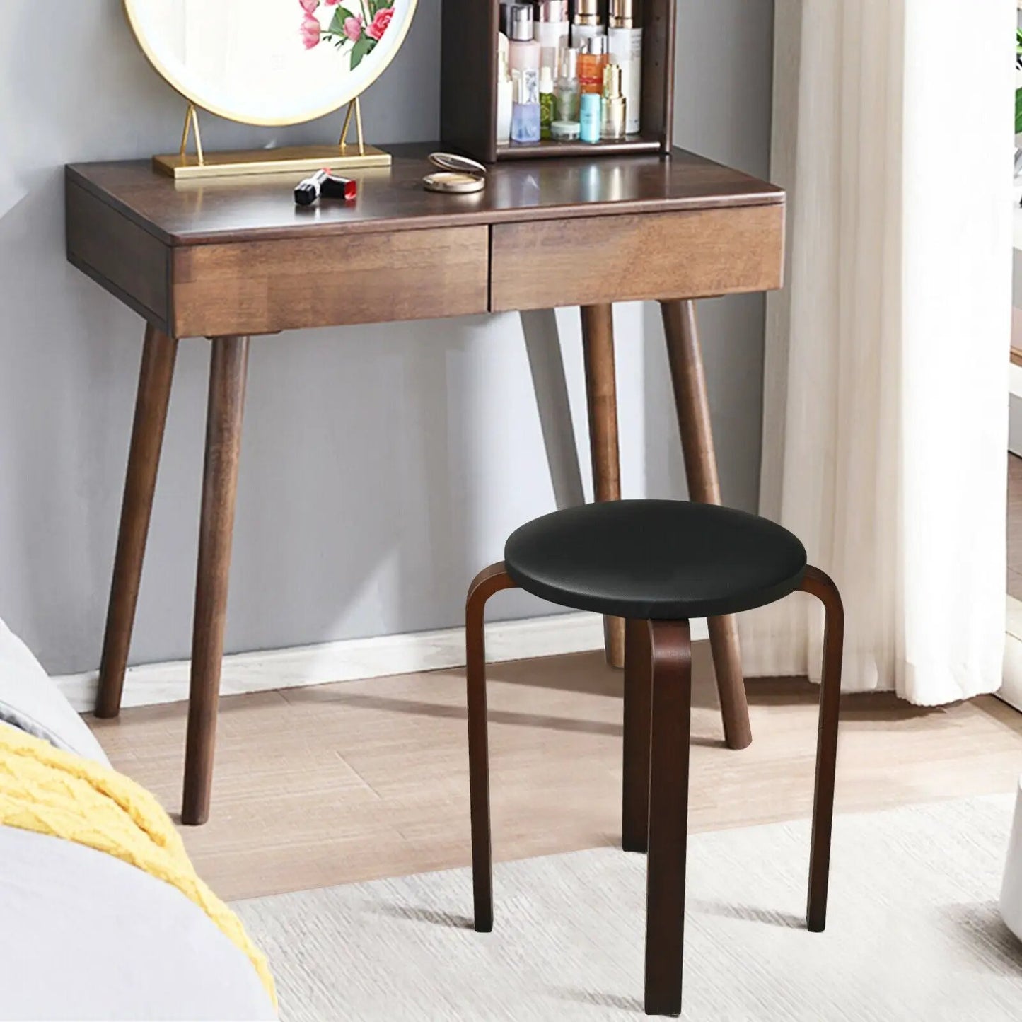 Bentwood round stackable chair with padded black seat in dark brown wood DirectDeals on Tampa Home & Garden Store