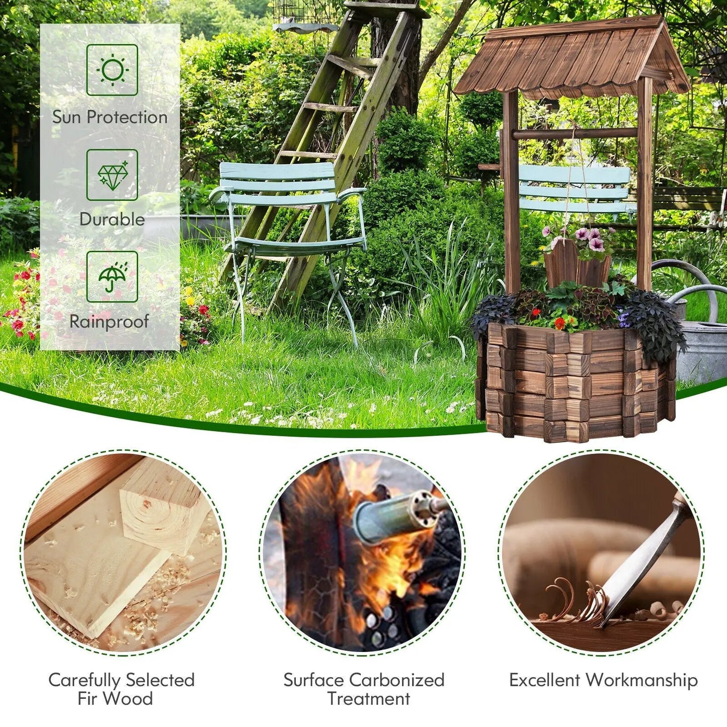 Outdoor Wooden Wishing Well Planter Bucket in brown wood with roofed frame DirectDeals planters on Tampa Home & Garden Store