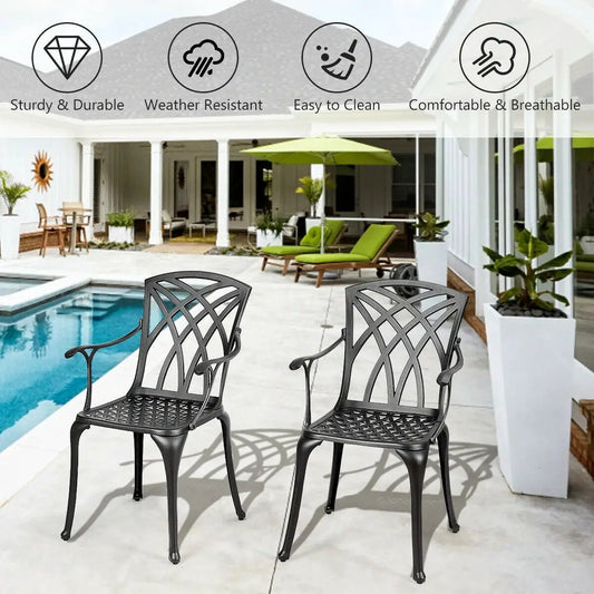 2-Piece aluminum dining chairs with armrests, dark gray lattice-back for outdoor patio on Tampa Home & Garden Store