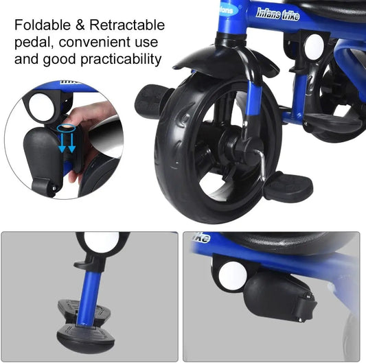 4-in-1 Kids Tricycle blue with adjustable push handle and foldable pedals on Tampa Home & Garden Store