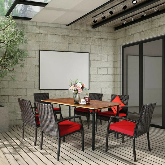7-Piece Patio Rattan Dining Set umbrella hole; wicker chairs with cushions around table on Tampa Home & Garden Store