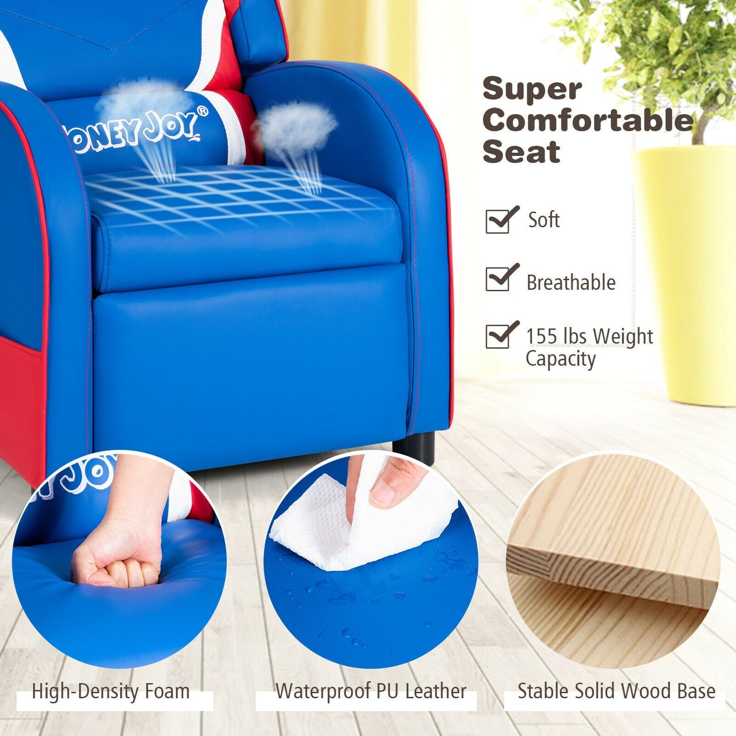 Kids leather recliner chair in blue with red trim and side pockets on Tampa Home & Garden Store