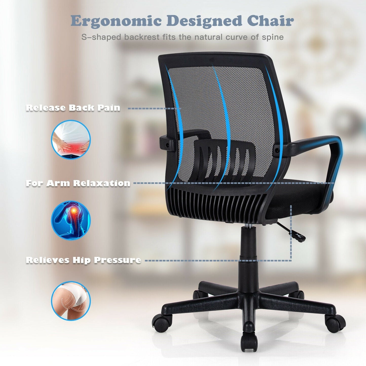 Sillón ejecutivo de malla de respaldo medio con soporte lumbar y altura ajustable
