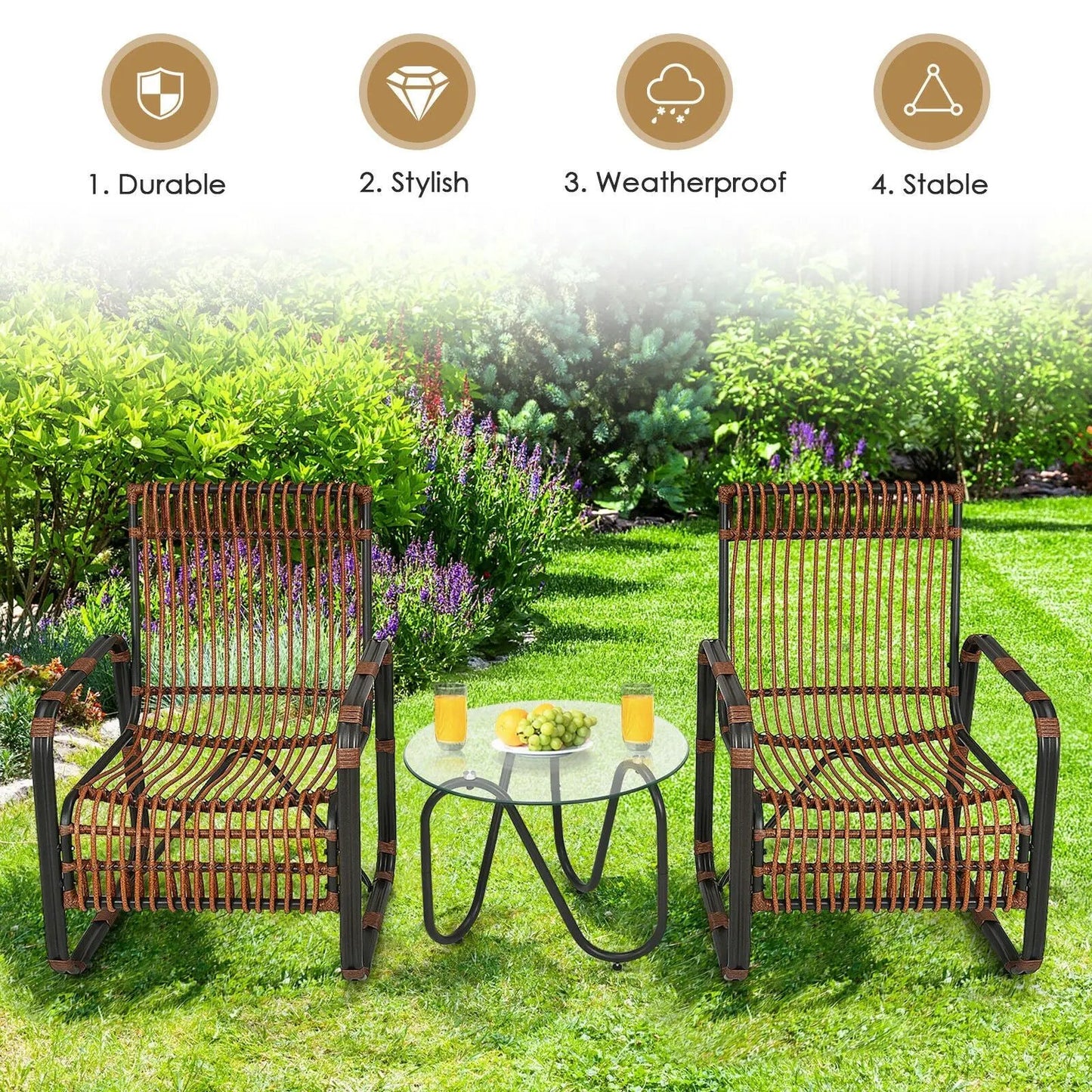 3 Piece Patio Rattan Set with Glass Side Table, brown wicker 2 chairs DirectDeals on Tampa Home & Garden Store