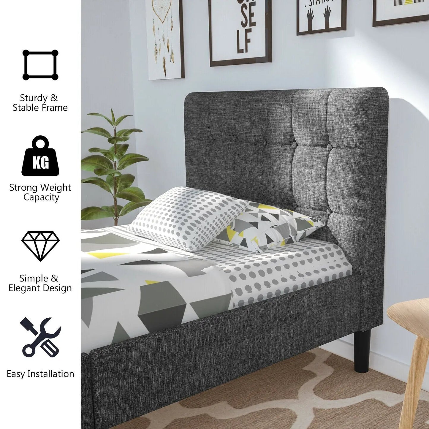 Platform Bed with Button Tufted Headboard-Beige - Tampa Home & Garden Store