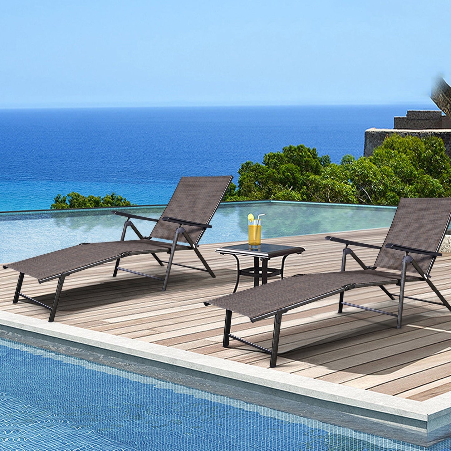 4 adjustable chaise lounge chairs with 5 positions, brown mesh on metal frames DirectDeals on Tampa Home & Garden Store