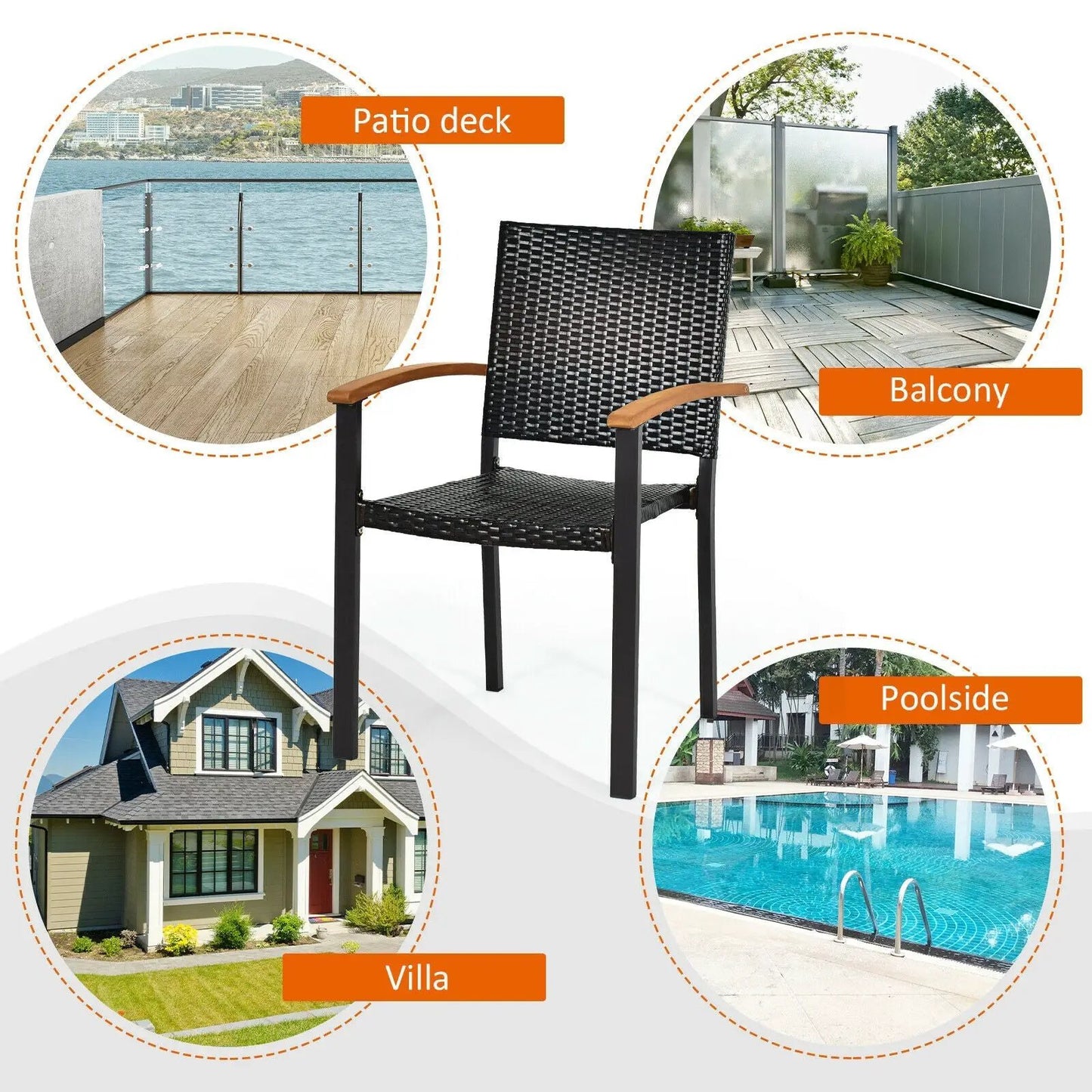 Set of 2 black PE rattan outdoor dining chairs with wooden armrests DirectDeals on Tampa Home & Garden Store