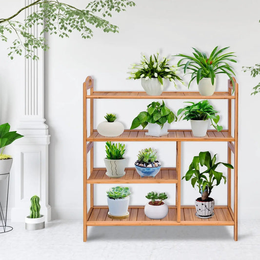 Bamboo Shoe Rack 4-Tier with slatted shelves used as plant display in entryway on Tampa Home & Garden Store