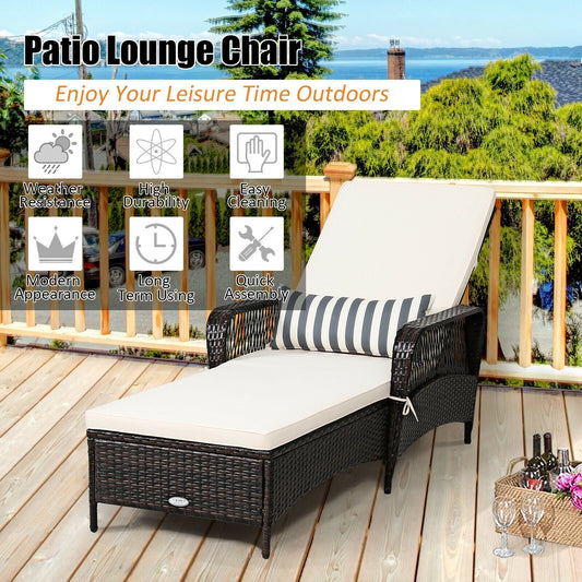 PE Rattan Chaise Lounge Chair Arm Chair Recliner Adjustable with Pillow - Tampa Home & Garden Store