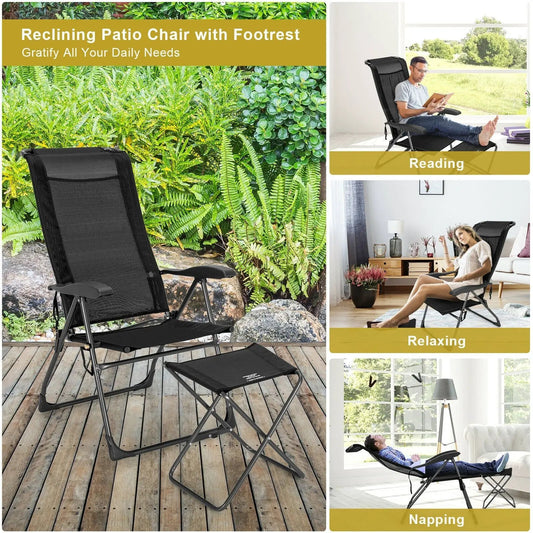 4 Pieces Patio Adjustable Back Folding Dining Chair Ottoman Set-Black - Tampa Home & Garden Store