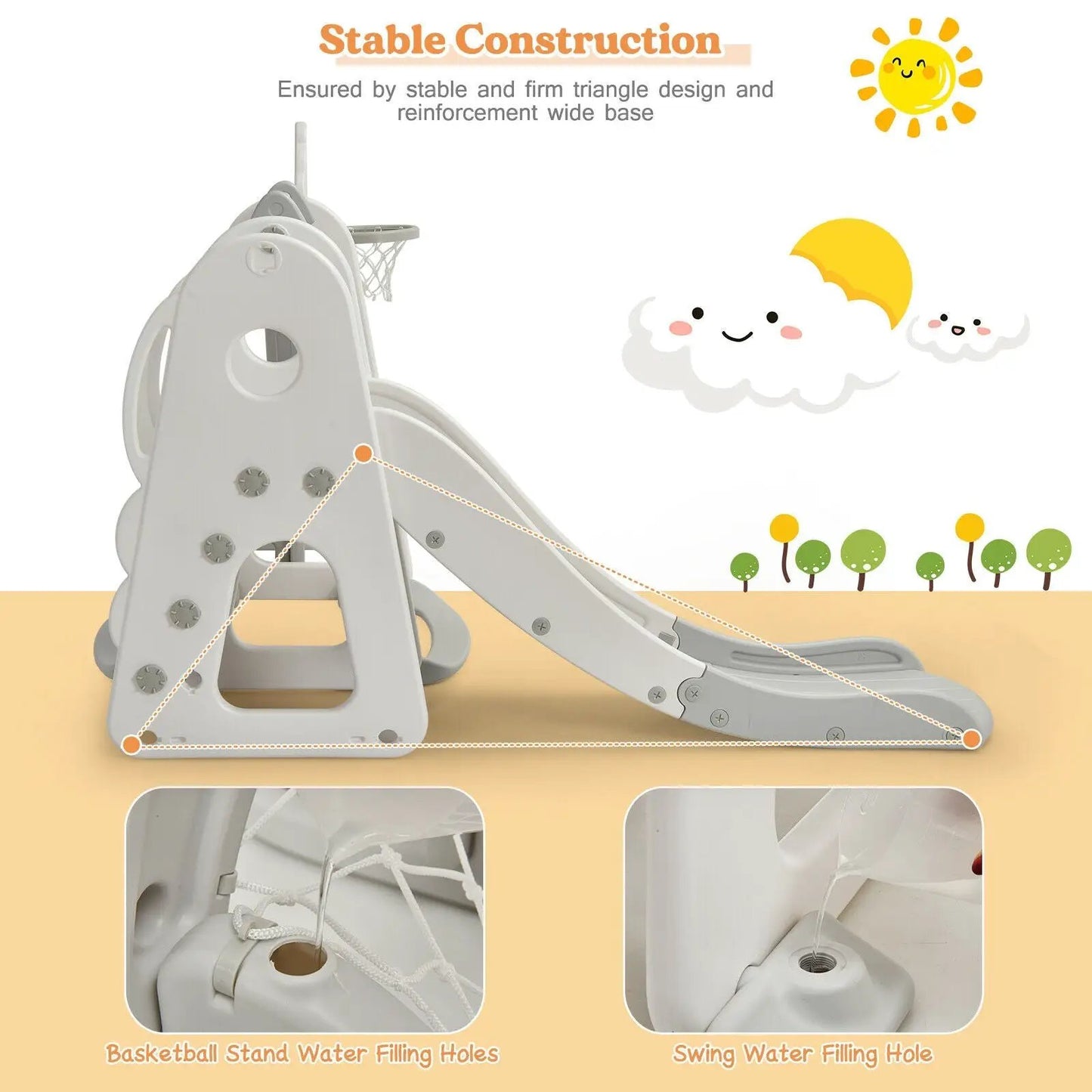 DirectDeals 6-in-1 Toddler Slide and Swing Set gray plastic with basketball hoop on Tampa Home & Garden Store