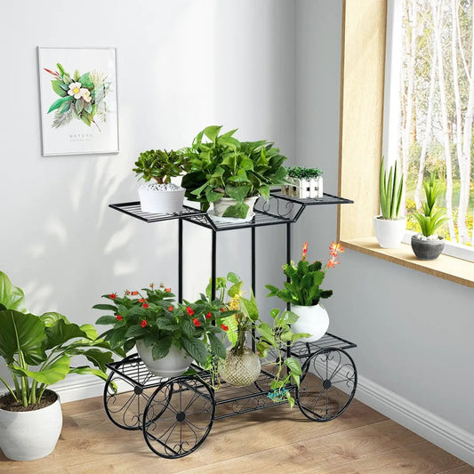 Six Tier Garden Cart Flower Rack Plant Holder by DirectDeals black metal wheeled plant stand on Tampa Home & Garden Store
