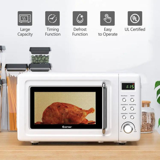 Retro 700W countertop microwave oven in white by Costway with roast chicken inside on Tampa Home & Garden Store