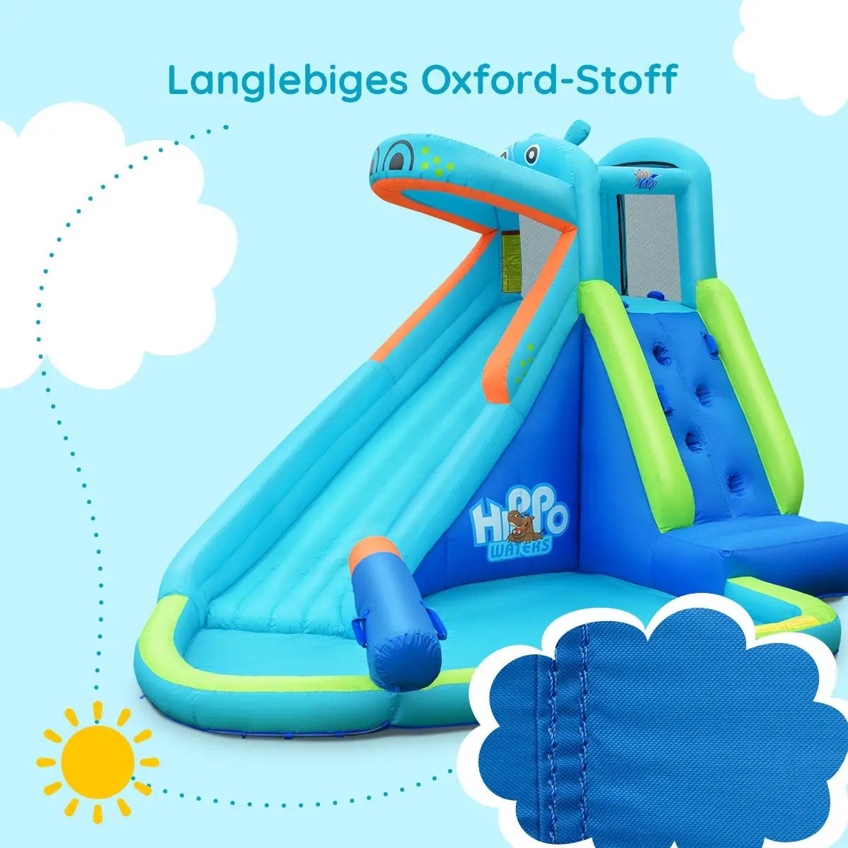 Inflatable water pool with splash and slide, bright blue body with lime green accents and orange rails on Tampa Home & Garden Store
