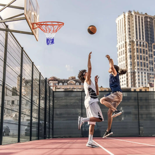 18 inch basketball rim with all-weather orange hoop and white blue net on outdoor court on Tampa Home & Garden Store
