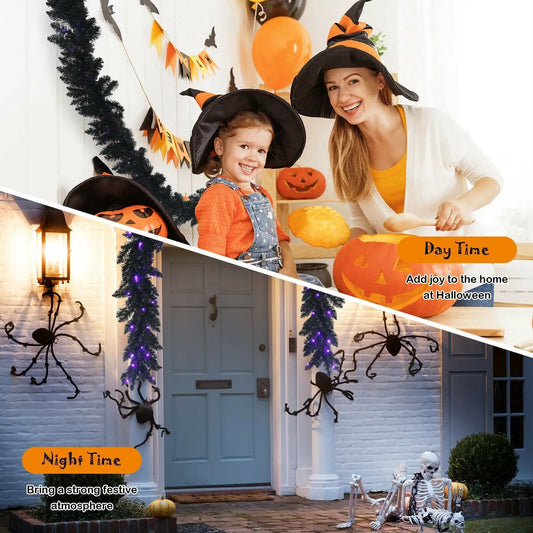 9 ft prelit Halloween garland with purple LEDs decorating a porch on Tampa Home & Garden Store