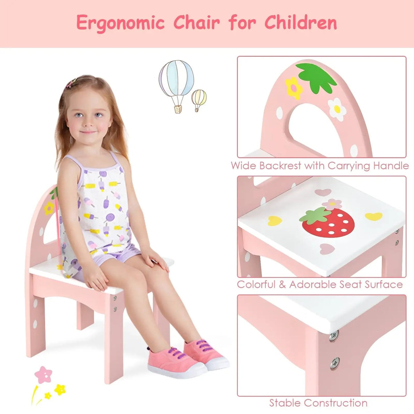 Kids Vanity Princess Makeup Table Set with Mirror pink chair white desk strawberry print play on Tampa Home & Garden Store