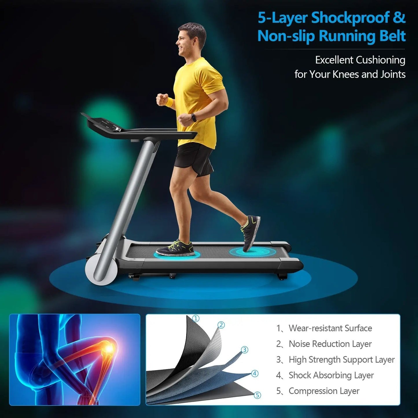 Italian Designed Folding Treadmill with Heart Rate Belt; runner in yellow on a running deck on Tampa Home & Garden Store