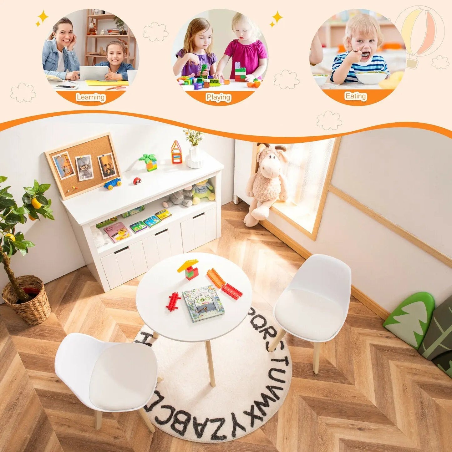Kids activity table and chairs with beech legs in white finish, ideal for a toddler playroom on Tampa Home & Garden Store