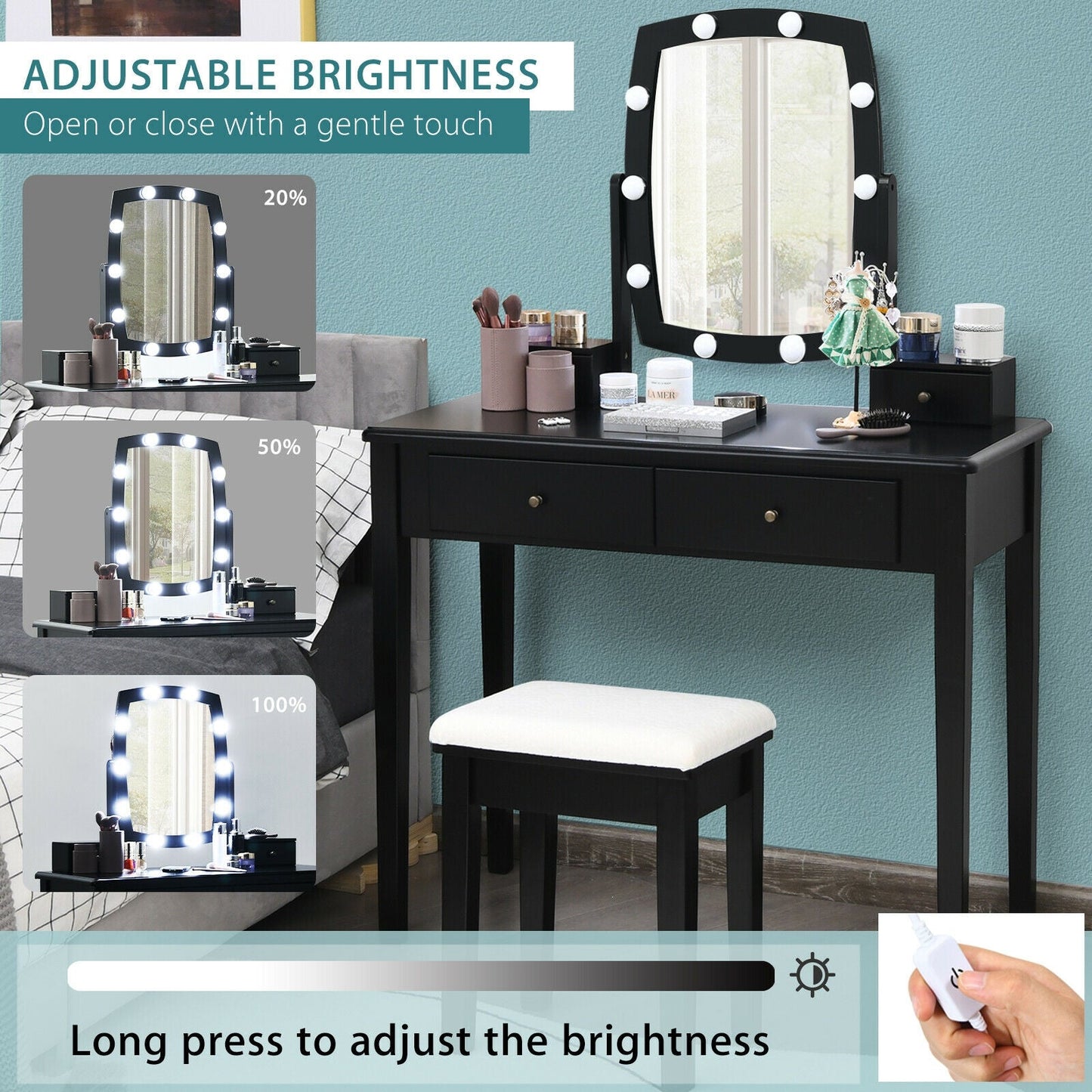 Tocador con Espejo Iluminado para Dormitorio y Vestidor - Negro