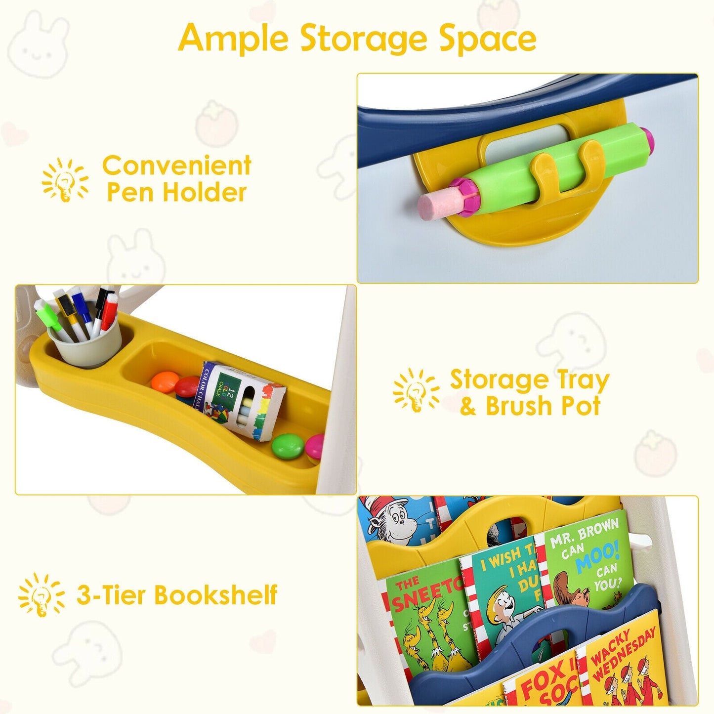 3-in-1 Kids Art Easel Double-Sided Tabletop with yellow storage tray, pen holder, and 3-tier bookshelf on Tampa Home & Garden Store
