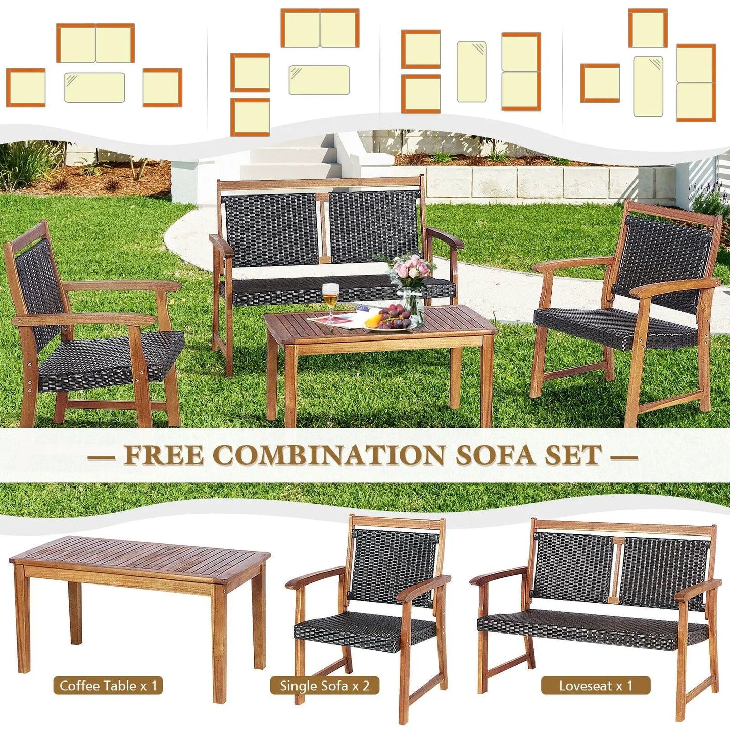 4 Piece Outdoor Rattan Sofa Set with Acacia Wood frame, brown and black weave DirectDeals on Tampa Home & Garden Store