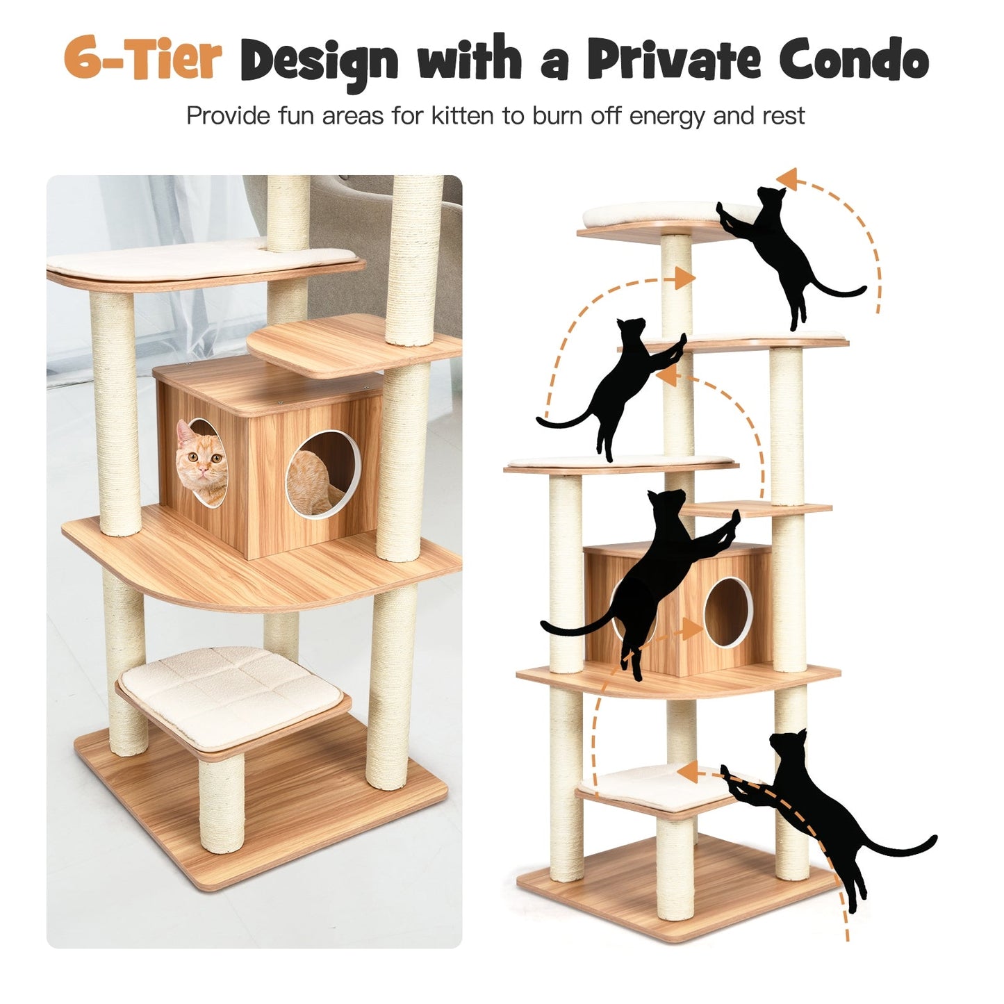 7-Layer wooden cat tree with sisal posts, condo box and multiple platforms in wood finish on Tampa Home & Garden Store